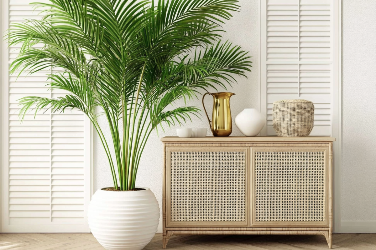 an indoor scene with a fresh, tropical vibe. The focal point is an areca palm in a large white pot, boasting long, arching green fronds. The plant is next to a wooden cabinet with a woven rattan front. On top of the cabinet, there are decorative items including a gold-colored pitcher, and a white bowl.