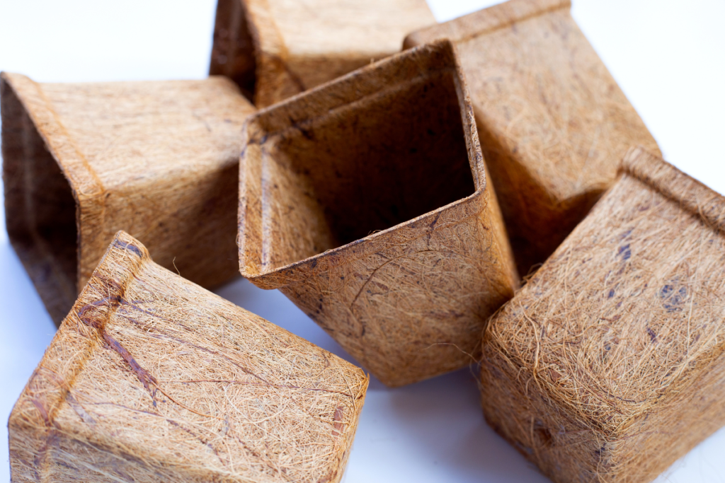 Biodegradable coir indoor plant pots made from natural fibers, showcasing their eco-friendly material on a white background.