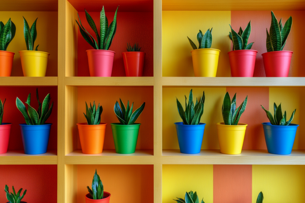 A variety of colorful plastic indoor plant pots arranged on shelves, each containing a snake plant, creating a vibrant display.