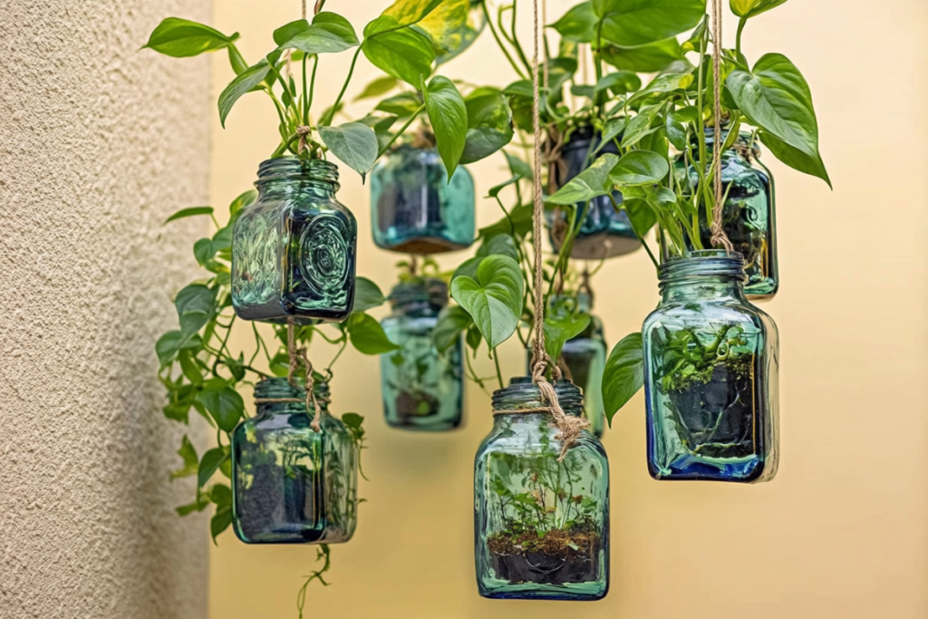 Hanging glass jars repurposed as indoor plant pot, holding potho plants, creating a natural and artistic display.