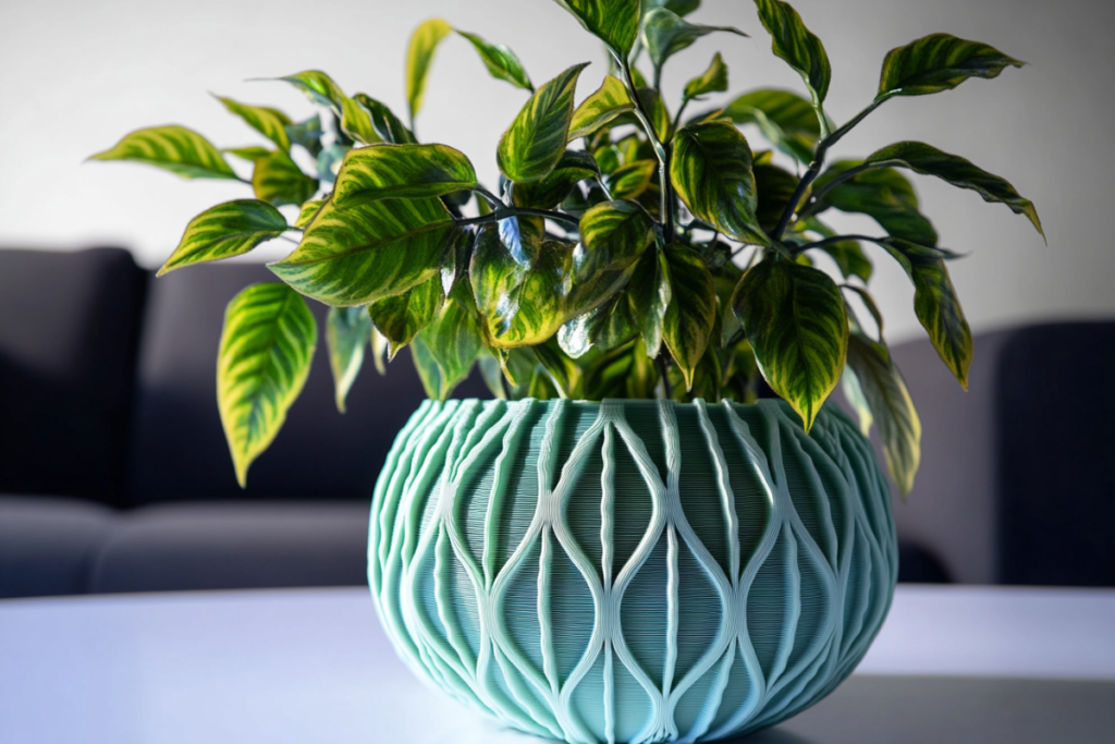 A stylish mint green 3D-printed indoor plant pot with intricate patterns, holding a vibrant green plant in a modern living room.