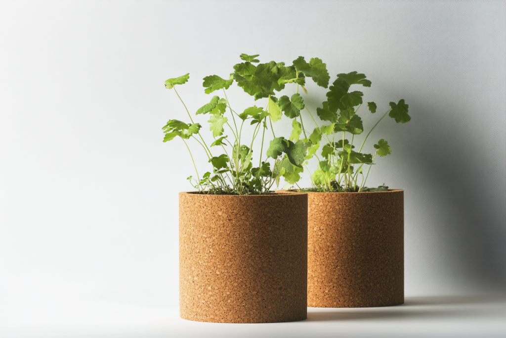 Two sustainable cork pots with vibrant green plants growing inside, placed against a minimal white background. Cork is a sustainable material for indoor plant pot.