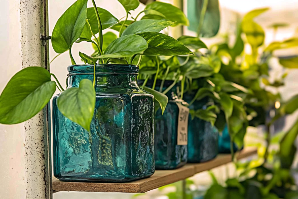 Many Recycled Glass Plants Pots with pothos plant on a shelf in a indoor garden. Recycled Glass is used as indoor plant pot.