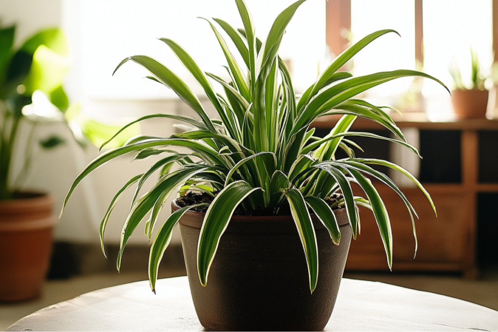 A Chlorophytum Comosum ‘Variegatum’ spider plant in a dark brown pot, displayed indoors on a table. The plant features long, arching leaves with green centers and white margins, adding a lush, vibrant look to the room.