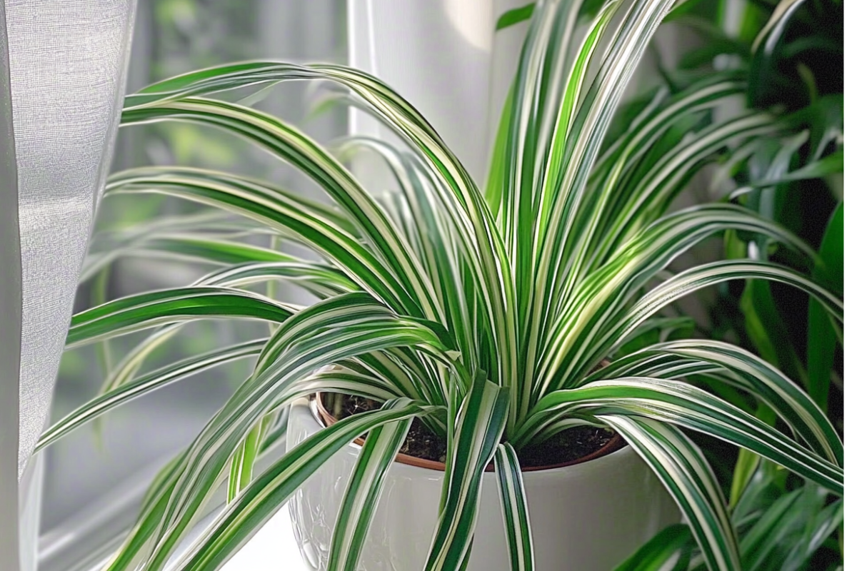 a Chlorophytum Comosum ‘Vittatum’ in a white pot at a window