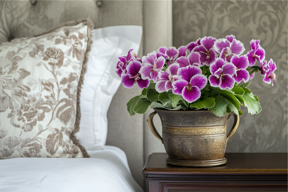 A charming display of African violet Pots with pink and white blooms beside a decorative pillow.