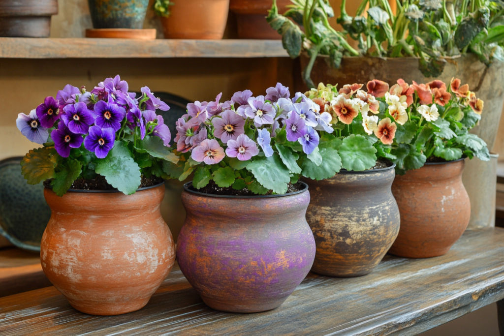 Row of African violet pots in rustic clay material, each plant showcasing a variety of purple, pink, and peach-colored flowers.