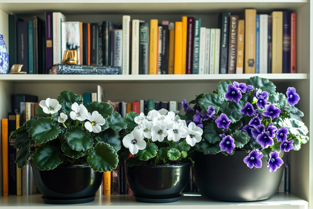 Three African violet pots with vibrant white and purple flowers displayed on a bookshelf.