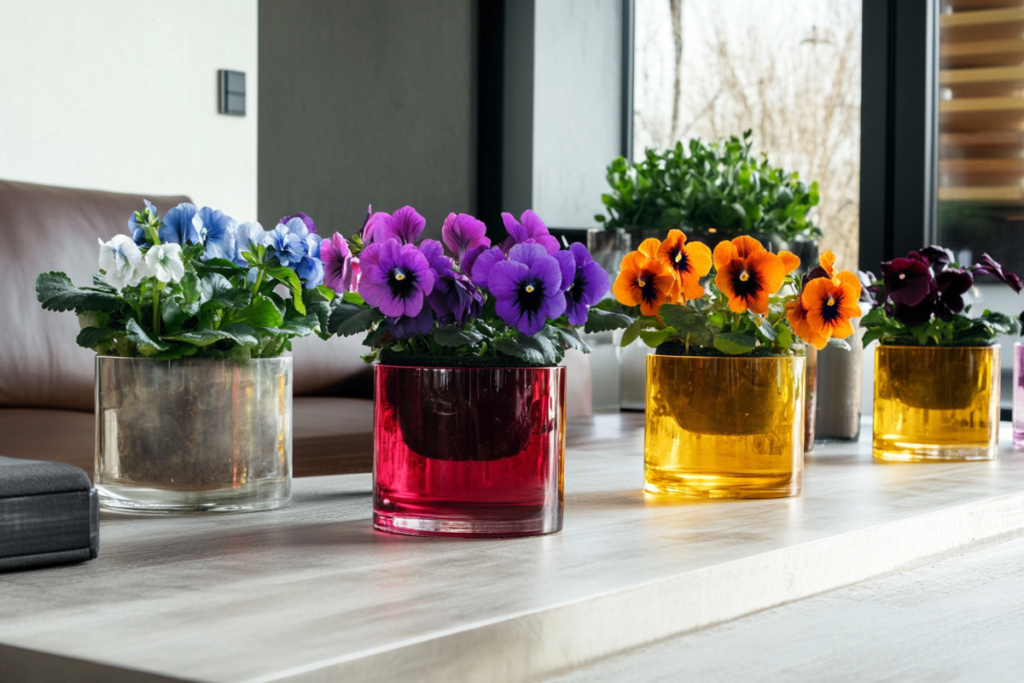 A colorful collection of African violet pots known as wicking pots, on a modern wooden table, featuring shades of purple, orange, blue, and white violets.