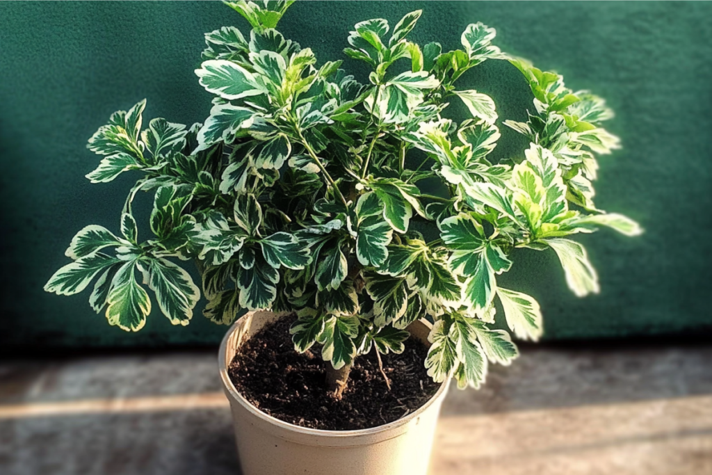 Ming Aralia, a favorite among living room plants, with variegated green and white leaves in a beige pot, placed against a green wall.