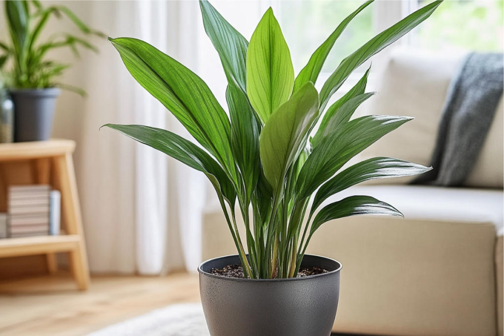 Cast Iron Plant, known for its resilience as a living room plant, with tall, upright green leaves in a gray pot, displayed in a cozy, light-filled living room.