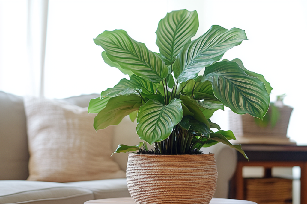 Calathea Orbifolia, a popular option among living room plants, with large striped green leaves in a woven basket pot on a coffee table in a bright living room.