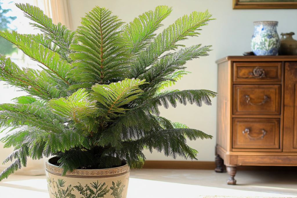 Norfolk Island Pine, ideal for living room plants, with feathery branches in a decorative pot near a wooden cabinet in a sunlit space.