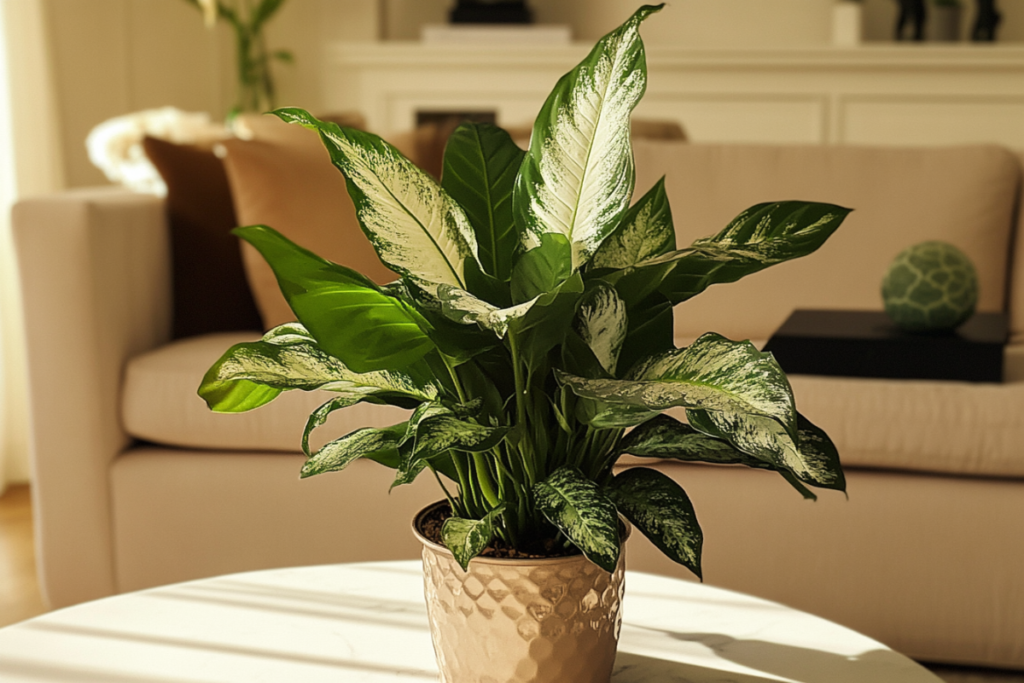 Dieffenbachia plant, one of the best living room plants, in a textured pot on a table in a warmly lit living room.