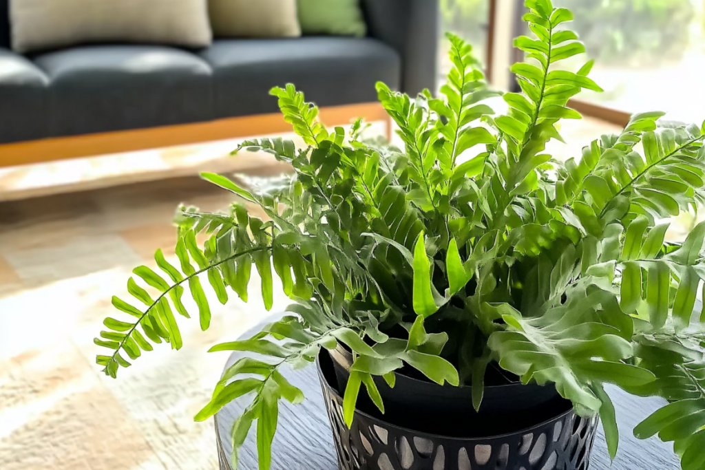 Kangaroo Paw Fern, a popular choice for living room plants, with lush green fronds in a decorative pot on a coffee table, with a modern sofa in the background.