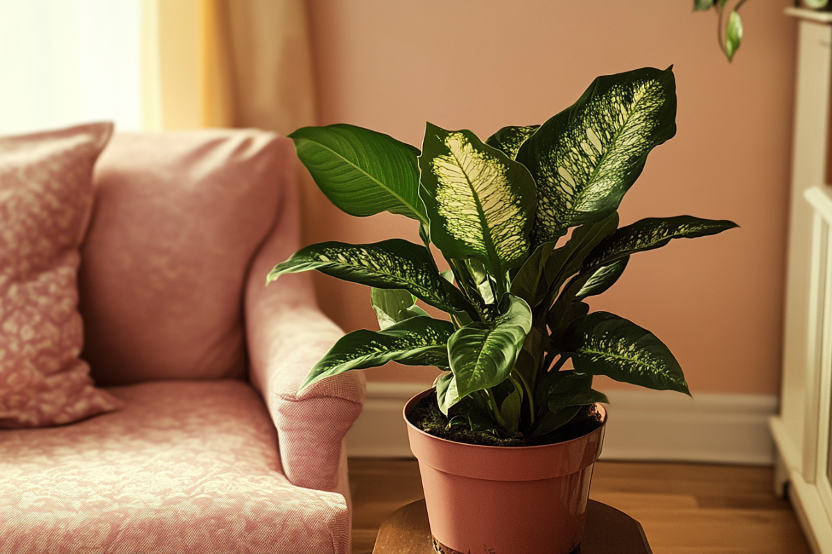 Dumb Cane (Dieffenbachia), a popular choice for living room plants, with large, variegated green and yellow leaves in a pink pot, placed beside a pink upholstered armchair in a cozy, softly lit living room.