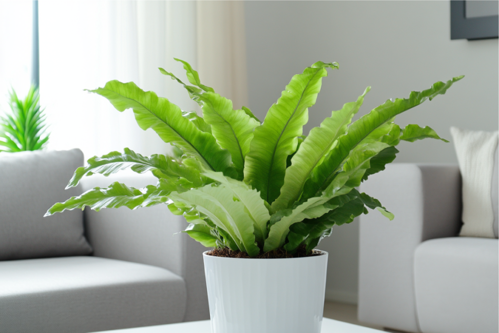 Bird’s Nest Fern, an excellent choice for living room plants, with lush wavy green fronds in a white pot on a coffee table in a minimalist living room.