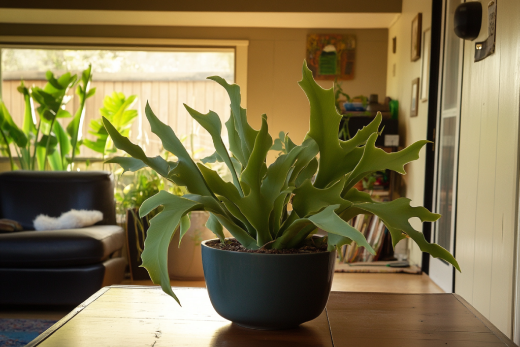 Staghorn Fern, a unique living room plant with antler-shaped fronds, in a blue pot on a table in a cozy, sunlit living room.