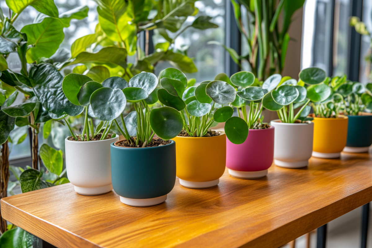 Several Pilea Plant Peperomioides, also known as Chinese Money Plants, displayed in colorful pots on a wooden table.