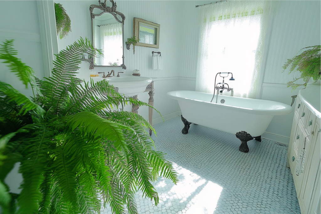 Boston Fern thriving in a vintage-style bathroom, showcasing the lush effect of humidity-loving plants for bathroom environments.