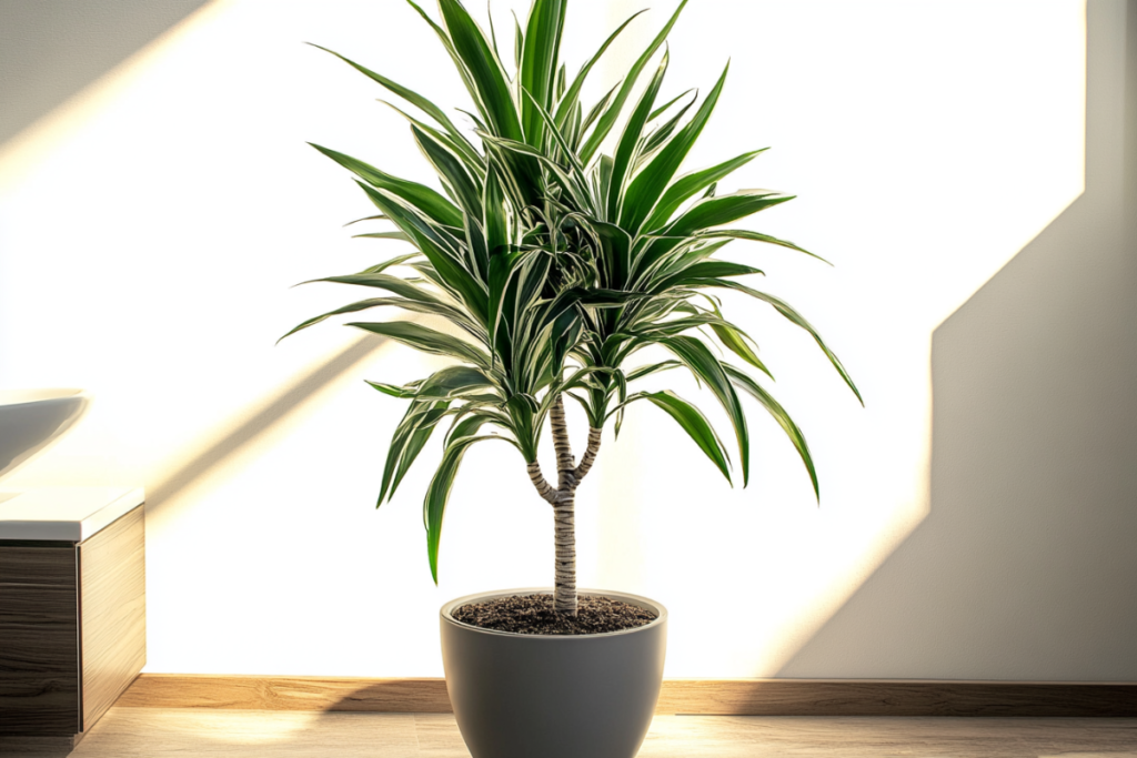 Dracaena sanderiana, also known as Lucky Bamboo, placed in a bathroom corner, ideal as a humidity-loving plant for bathroom areas.