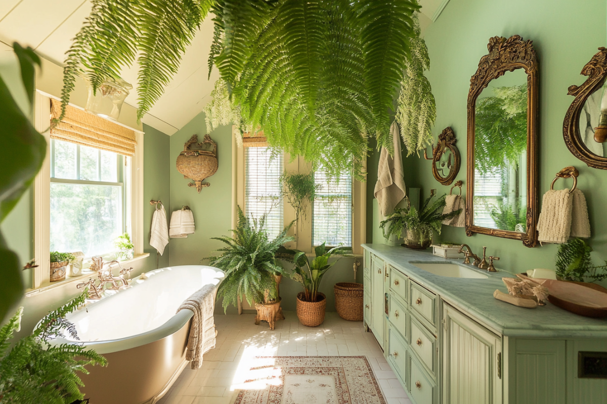 Boston Fern thriving in a green bathroom, showcasing the lush effect of humidity-loving plants for bathroom environments.