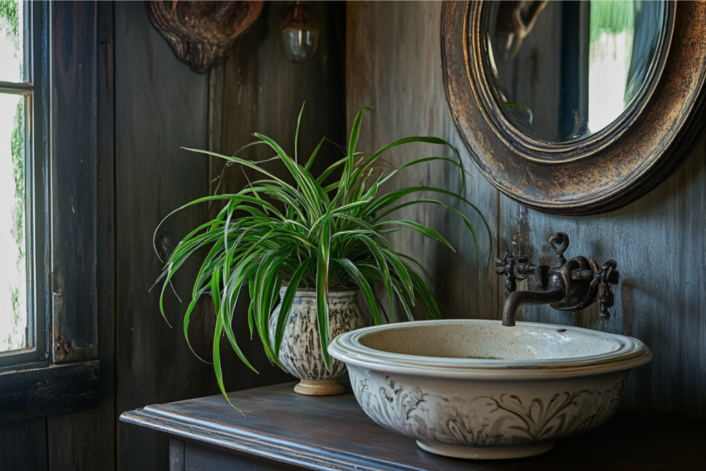 Spider plant positioned on a rustic bathroom counter, perfect as an easy-care choice among plants for bathroom spaces with moderate light.