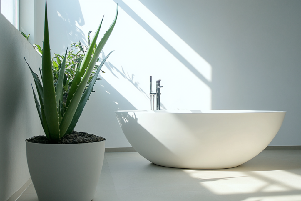 Aloe vera beside a minimalist bathtub, illustrating how versatile plants for bathroom settings can enhance both style and function.