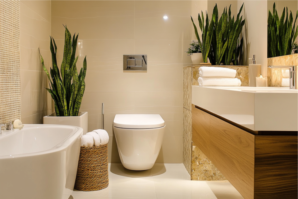 Snake plants elegantly arranged in a modern bathroom, ideal plants for bathroom setups with low maintenance requirements.