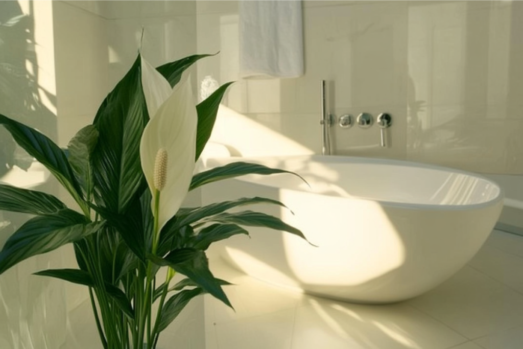 Peace lily placed next to a bathtub, symbolizing the classic beauty and air-purifying benefits of plants for bathroom spaces