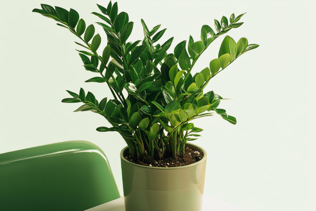 ZZ Plant thriving on a bathroom counter, showing how low-maintenance plants for bathroom spaces can enhance greenery in low-light areas.