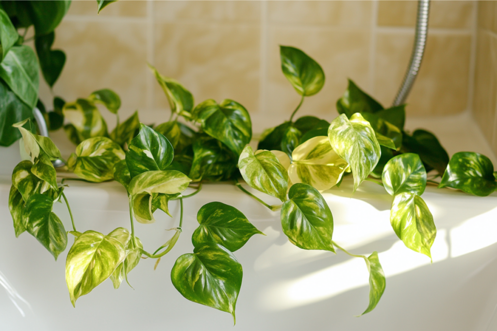 Golden pothos cascading over a bathtub, illustrating its suitability as one of the best plants for bathroom spaces with high humidity.