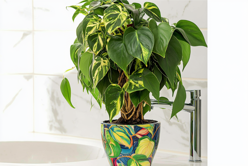 Philodendron with vibrant leaves near a bathroom sink, highlighting the vibrancy plants for bathroom settings can bring to interior decor.