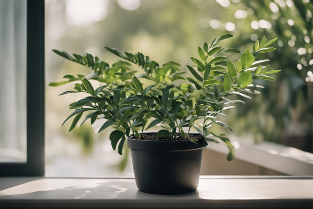 A healthy Raven ZZ plant with vibrant green leaves placed in a black pot, basking in soft natural light near a window, creating a serene indoor garden scene.