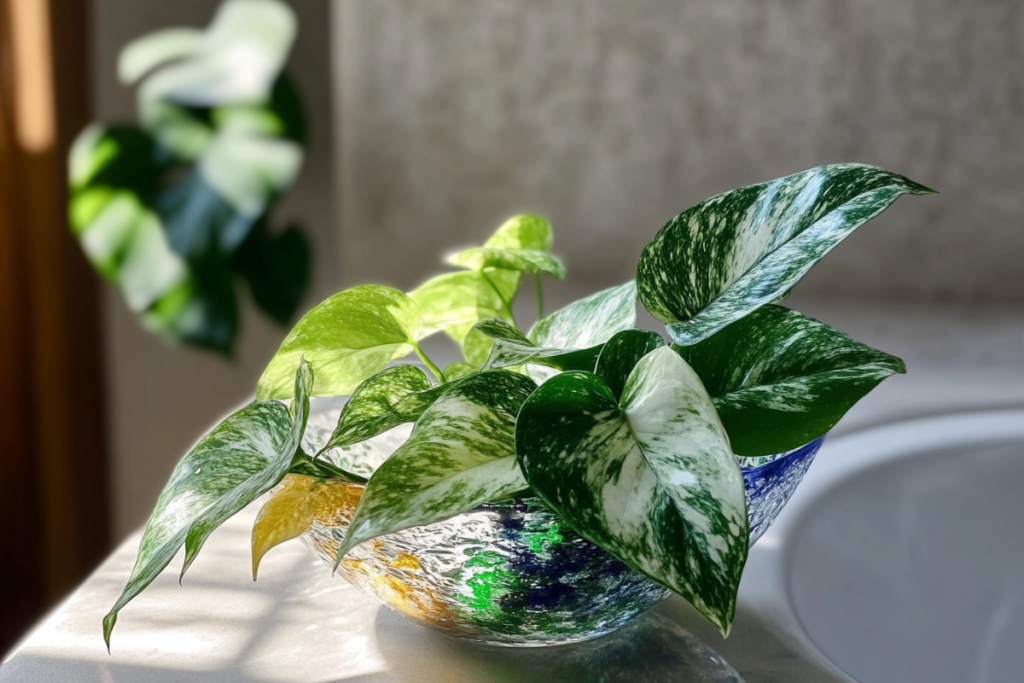 a colorful glass dish (murano) with water inside and numbers of snow queen pothos planted, the murano with the plant is in beautiful decor toilet