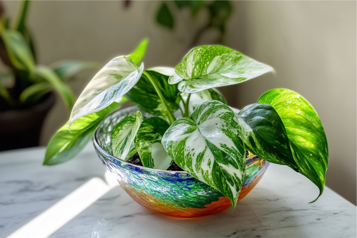 a colorful glass dish with water inside and numbers of snow queen pothos planted, the glass dish with the plant is on a marble surface