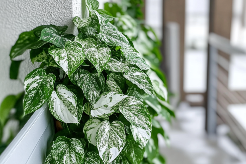 a wall covered in snow queen pothos on the balcony of a large, modern designer-decorated apartment.