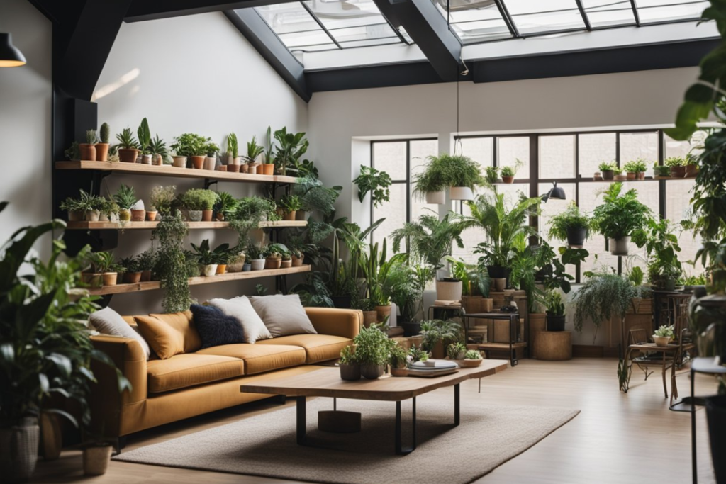 A stylish living room adorned with various potted plants, showcasing some of the top 10 indoor plants for modern homes.