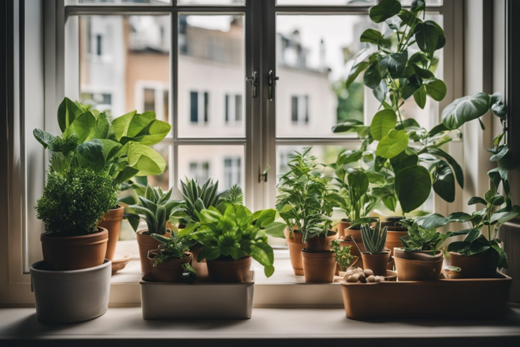 A bright windowsill lined with vibrant, healthy indoor plants, representing the best of the top 10 indoor plants for natural light.