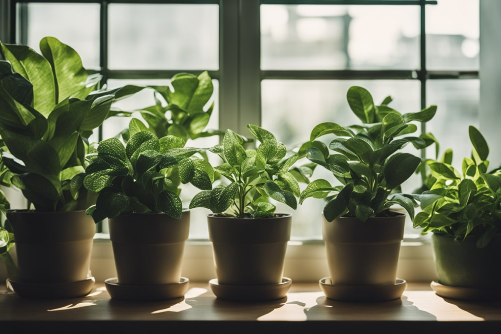 An array of indoor plants basking in the sunlight near a window, featuring top 10 indoor plants that thrive in bright, indirect light.