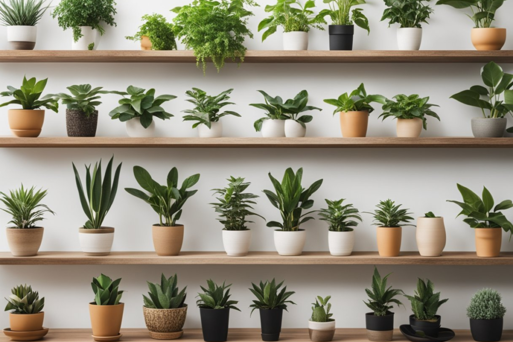 A well-organized display of diverse indoor plants on wooden shelves, representing the top 10 indoor plants that add a touch of green to any space.