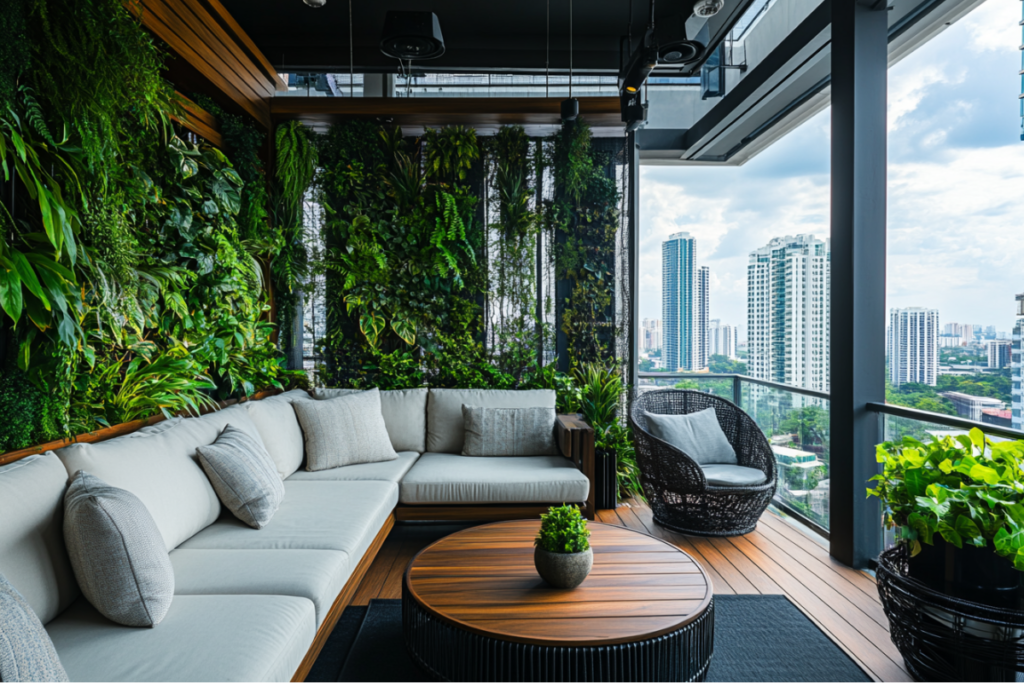 A balcony garden with a vibrant vertical setup, featuring lush ivy, ferns, and pothos growing on sleek wooden panels, back to a comfy large sofa, urban skyline in the background