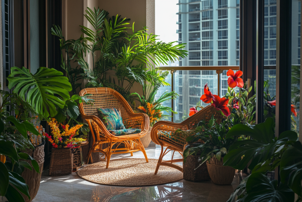 A luxurious tropical-themed balcony garden with towering palms, vibrant monstera leaves, and colorful hibiscus flowers, surrounded by bamboo furniture and soft lighting, creating a cozy retreat