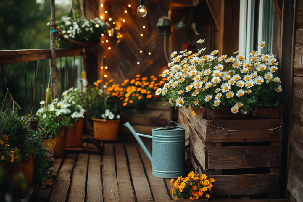 A cozy rustic balcony garden with wooden planters overflowing with daisies and marigolds, a vintage watering can, weathered wooden flooring, and string lights hanging overhead, warm and inviting atmosphere.