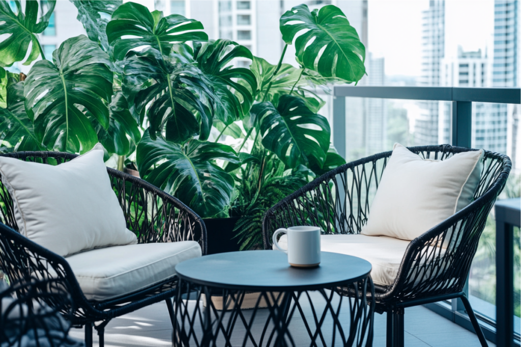 A chic and modern balcony garden with bold monstera plants in statement pots, sleek black metal furniture with white cushions, a small table with a coffee mug, cityscape in the background