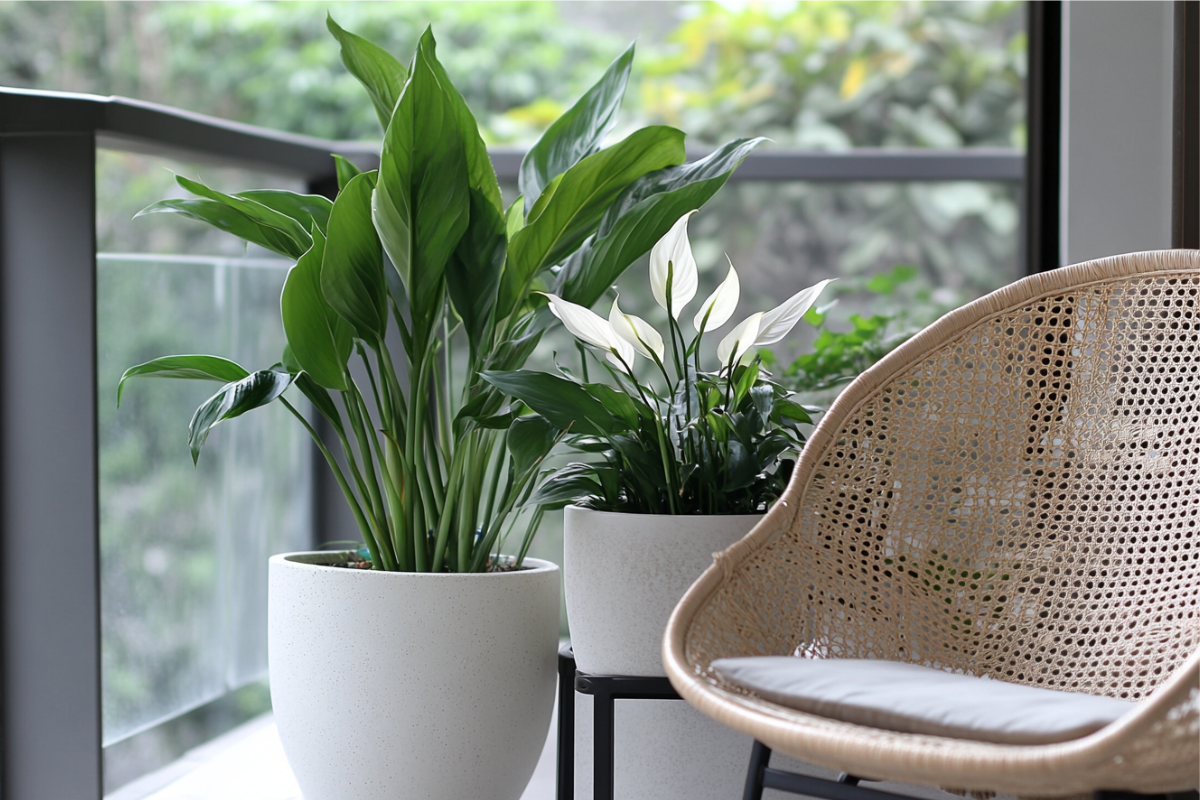 A minimalist balcony garden with a clean aesthetic, featuring large monochromatic pots with peace lilies, snake plants, neutral tones in furniture, bright natural lighting.