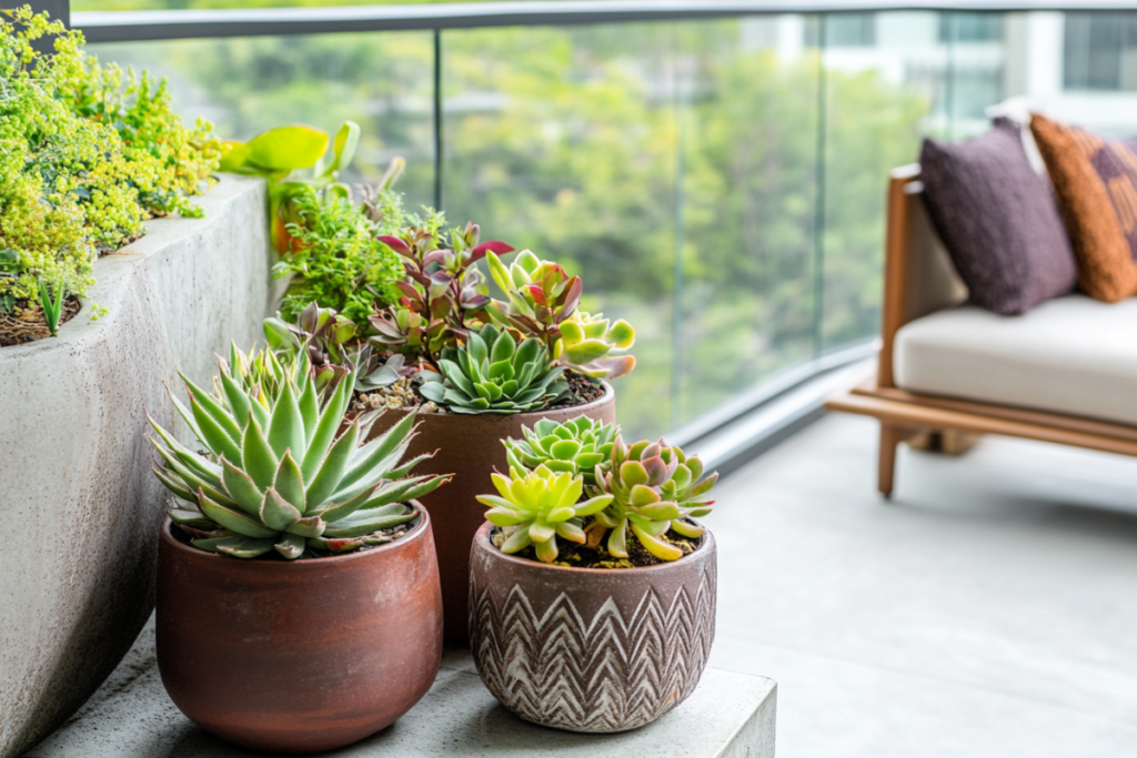 A minimalist balcony garden featuring an array of succulents in modern ceramic pots with geometric patterns, including echeveria, aloe vera, sedums, and aeoniums set on a concrete floor, surrounded by sleek glass railings, soft ambient sunlight