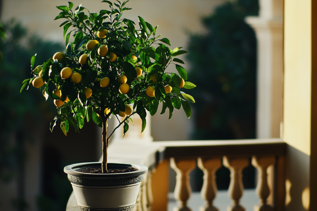 A lemon tree growing indoors in a decorative pot with numerous yellow lemons, highlighting how to care for an indoor lemon tree to achieve fruitful growth.