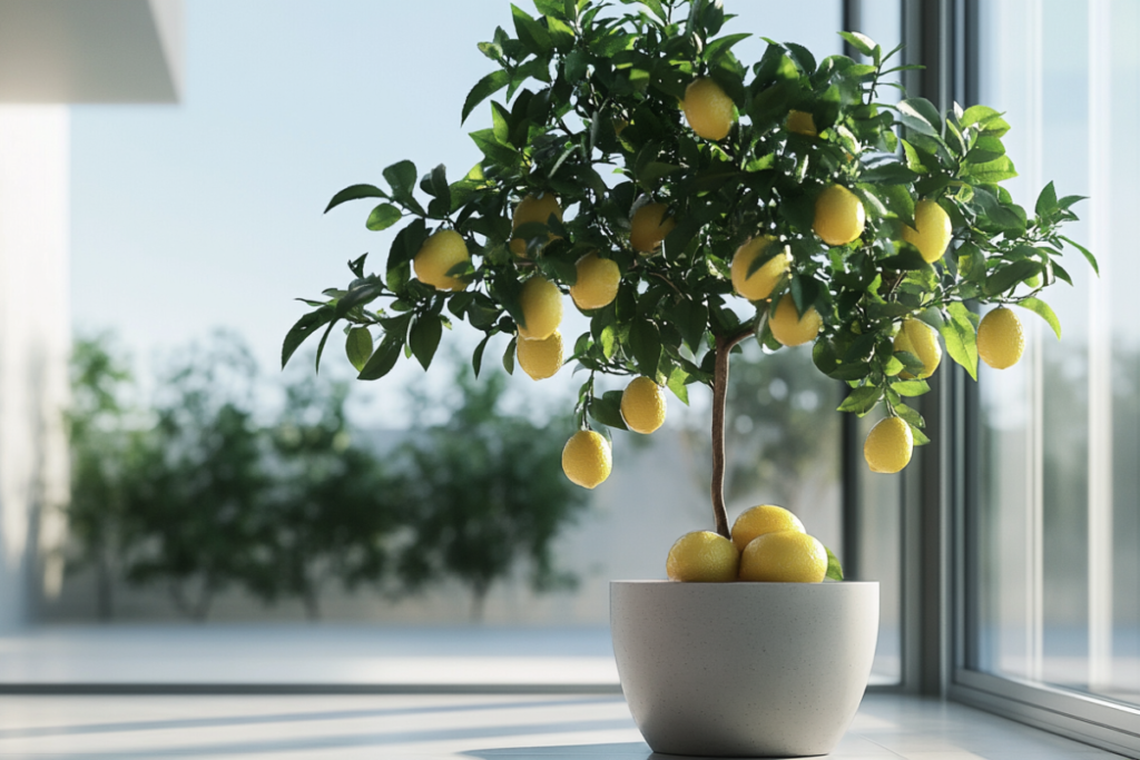 A lush lemon tree full of bright yellow lemons in a white pot near a large window, demonstrating how to care for an indoor lemon tree with proper sunlight.