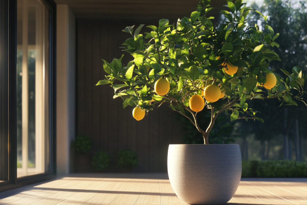 A healthy indoor lemon tree in a modern white pot, positioned near a large window to receive ample sunlight, exemplifying tips on how to care for an indoor lemon tree.